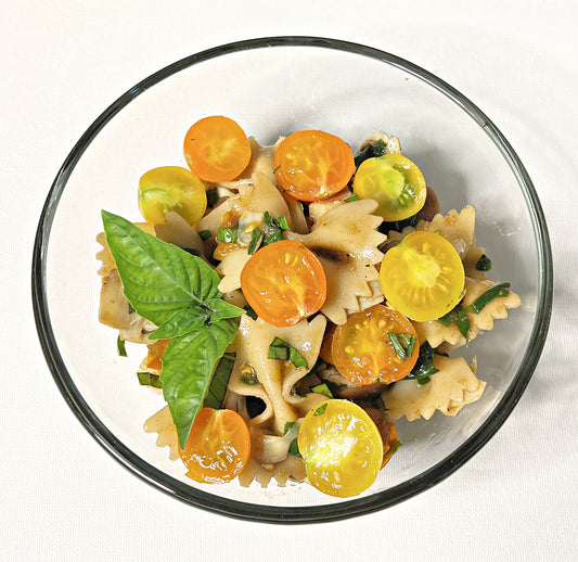 Tomato, Olive, Artichoke Heart Pasta Salad with Basil & Balsamic