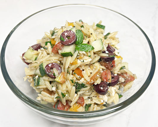 Herbed Tomato, Cucumber, Olive Orzo Salad with Feta Cheese