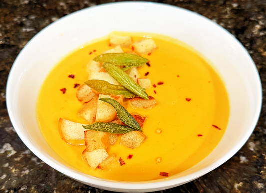 Butternut Squash Soup with Crispy Croutons & Fried Sage