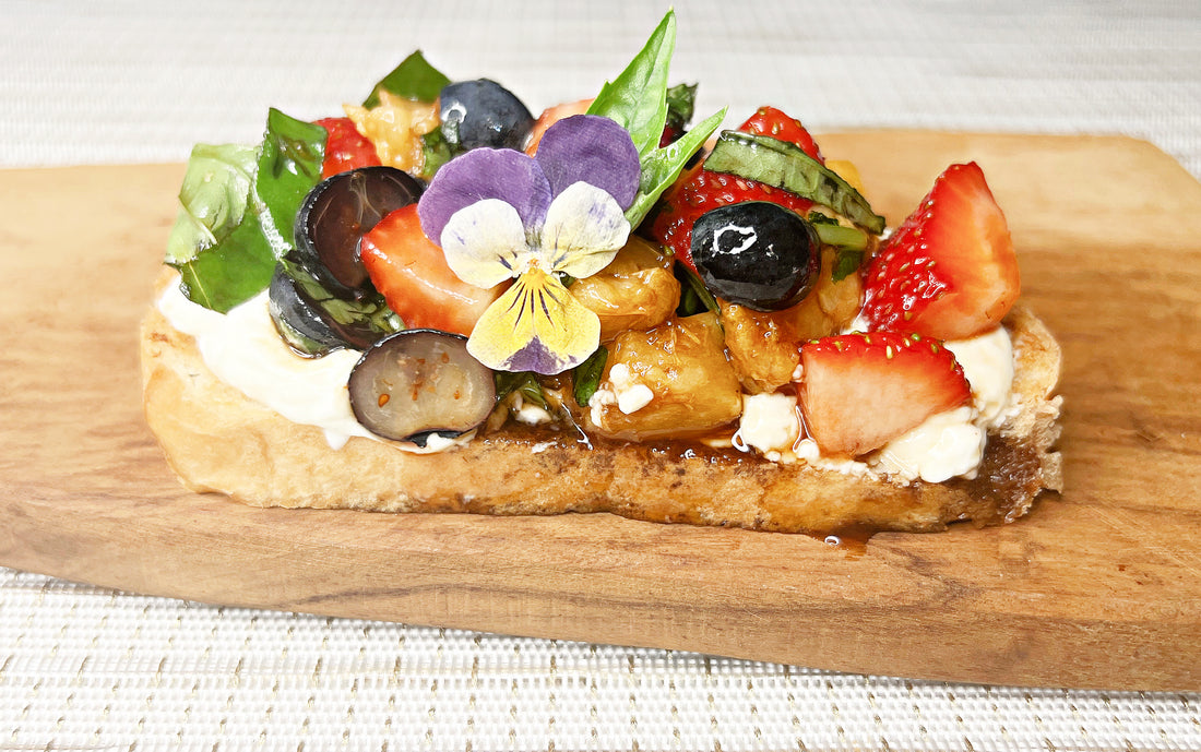 Strawberry, Blueberry, Peach, Basil Bruschetta with Lemon Whipped Cream