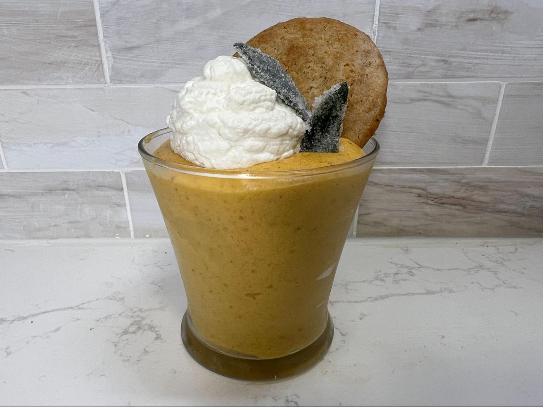 Pumpkin Pudding with a Honey Sugar Cookie topped with Salted Whip Cream & Fried Sugar Sage