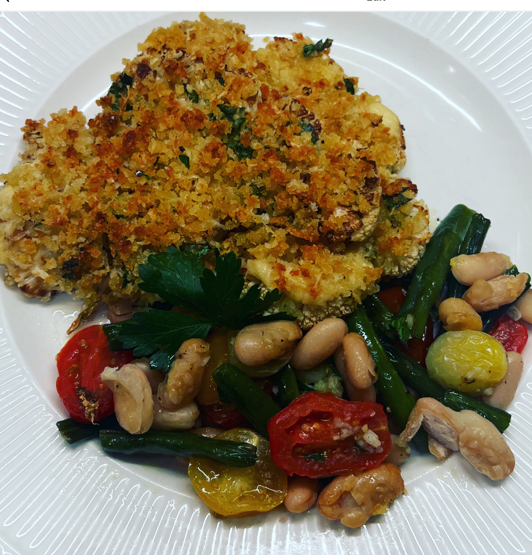 Parmesan Herb Crusted Cauliflower Steaks with Garden Green Beans and Tomatoes