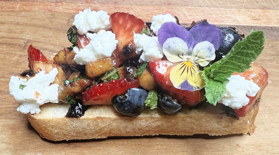 Strawberry, Peach, Blueberry, Mint Bruschetta with Balsamic Glaze & Goat Cheese